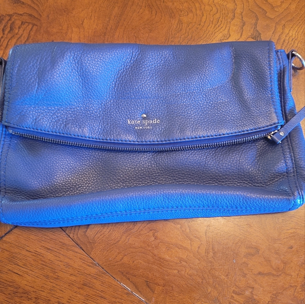 Kate Spade Genuine Leather Cobalt Blue Foldover Handbag Clutch Purse Bag